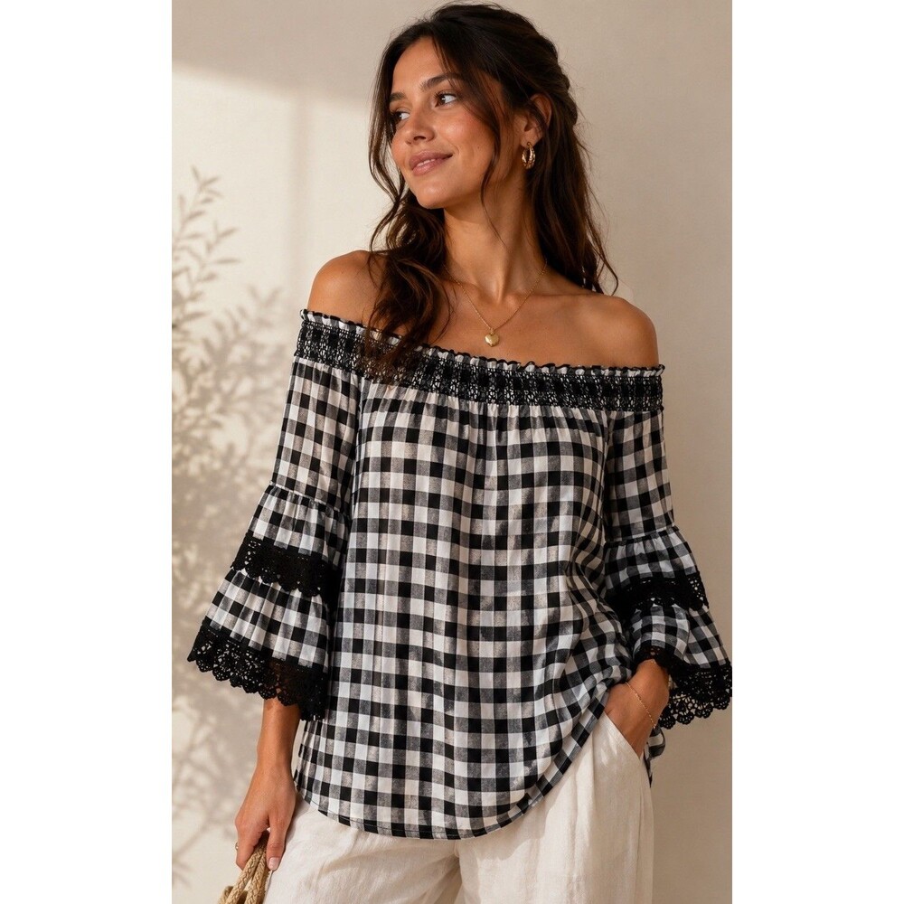 🟢 XHILARATION Women's Size Large Gingham Off The Shoulder Tunic Blouse